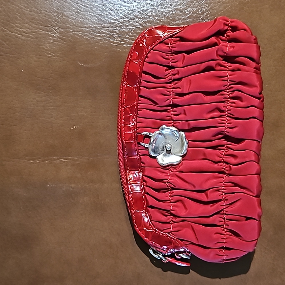 Brighton Red Nylon Patent Leather Large Coin Purse Wallet Bag Flower